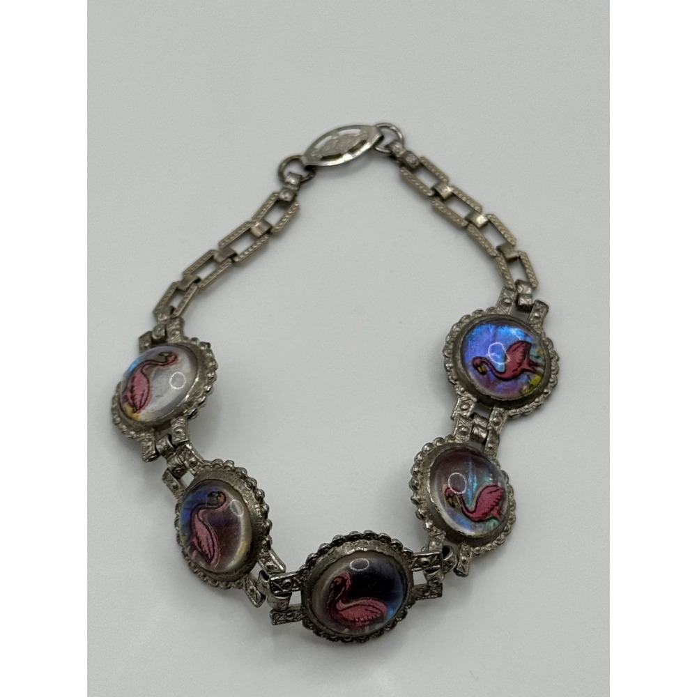 Vintage Pink Flamingo Butterfly Wing Silver Tone Bracelet - Picture 4 of 16